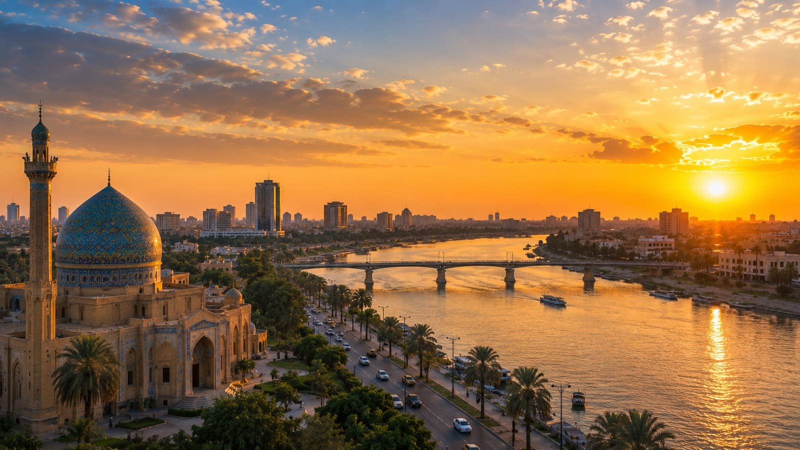 Baghdad at sunset along the Tigris River with a blue-domed mosque, minaret, and bridge, Iraq