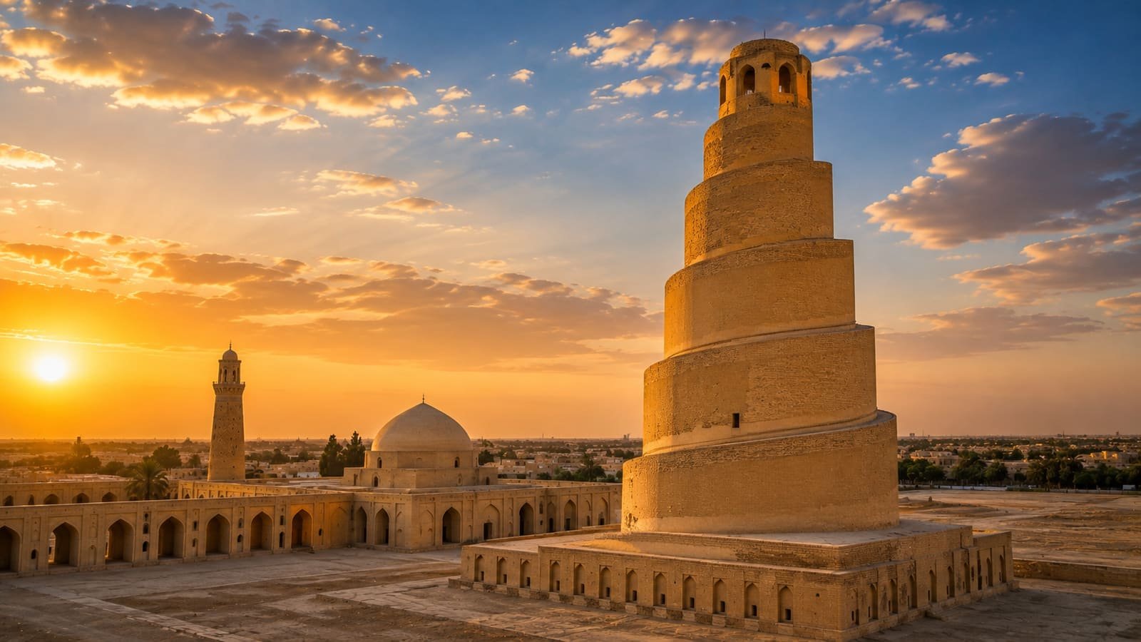 Al-Mutanabbi Mosque complex in Samarra with the spiral Malwiya minaret at sunset, Iraq